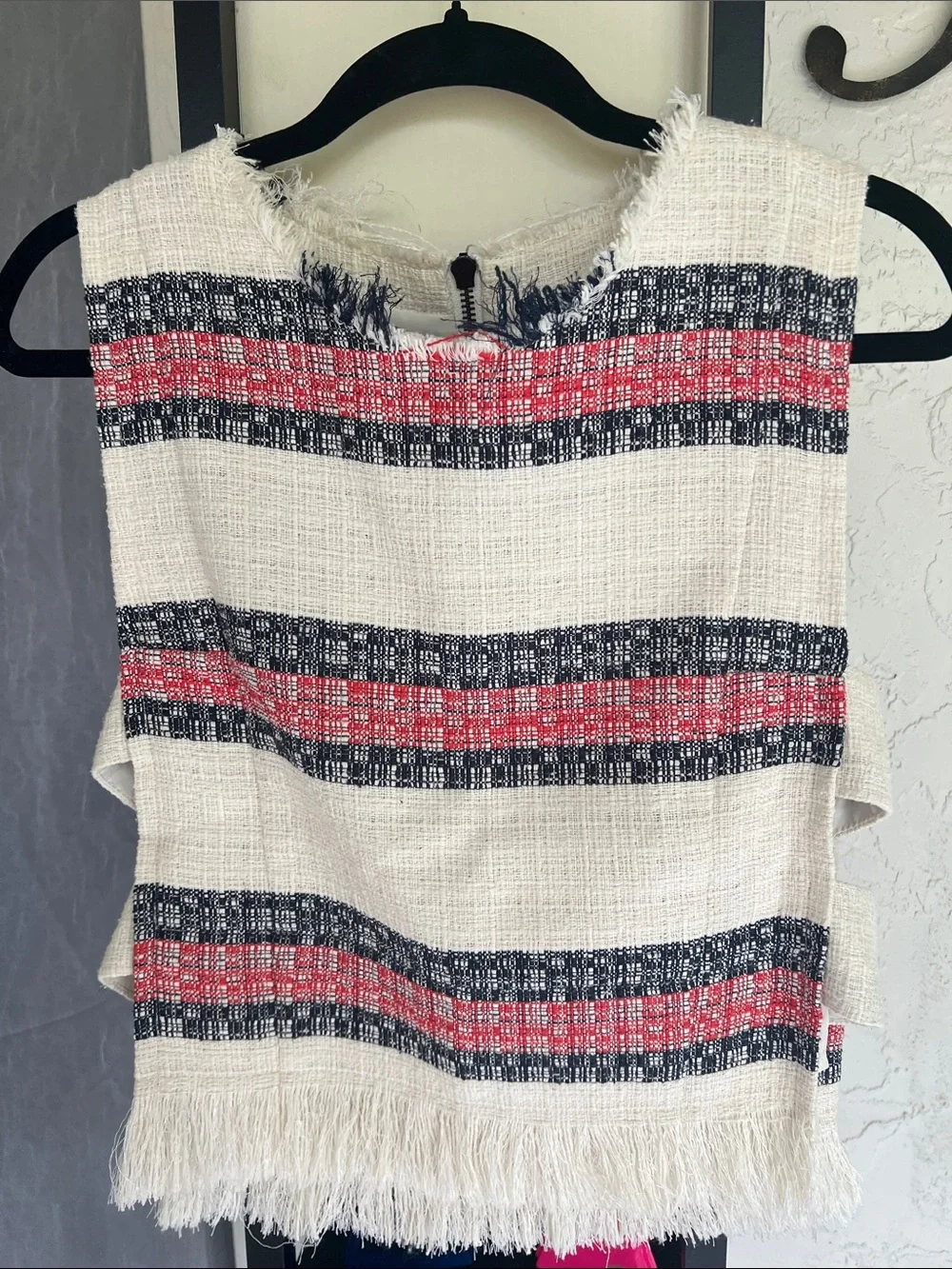 Women's Fringed Ivory Stripe Sleeveless Top - Brand Unlabeled